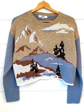 Madewell Blue and Tan Mountain Intarsia Crewneck Sweater (size medium)